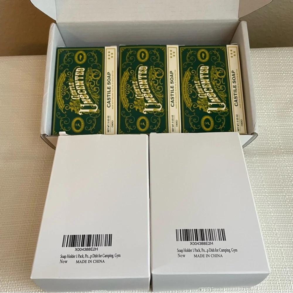 Castile Soap Unscented 3 Bar Set With 2 Soap Holders